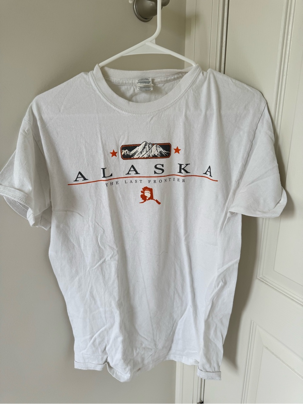 Gildan White Alaska 'The Last Frontier' Graphic Tee with Orange & Black Detail